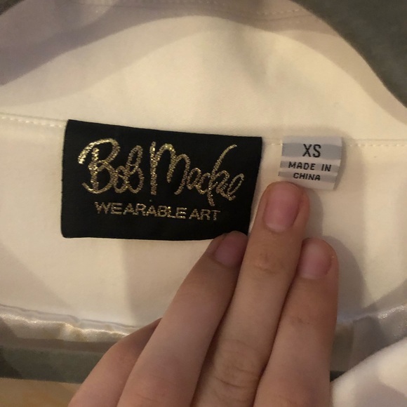 BOB MACKIE wearable art white cropped jacket with yellow stitching - Picture 2 of 4